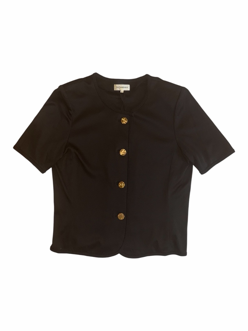 Vintage Yves Saint Laurent Black Short Sleeve Button Front Top with Gold Buttons